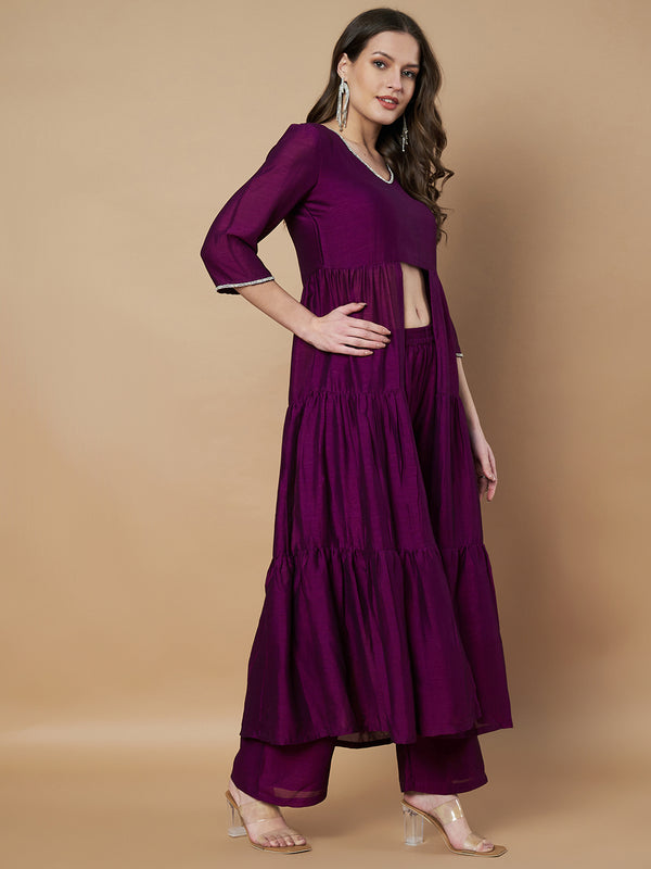Poshak Hub Women Purple hand Embroidery Frontslit A-Line Kurta with Palazzo