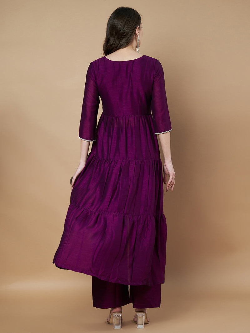 Poshak Hub Women Purple hand Embroidery Frontslit A-Line Kurta with Palazzo
