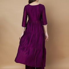 Poshak Hub Women Purple hand Embroidery Frontslit A-Line Kurta with Palazzo
