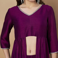 Poshak Hub Women Purple hand Embroidery Frontslit A-Line Kurta with Palazzo