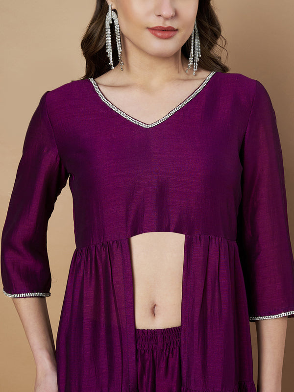 Poshak Hub Women Purple hand Embroidery Frontslit A-Line Kurta with Palazzo