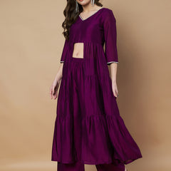 Poshak Hub Women Purple hand Embroidery Frontslit A-Line Kurta with Palazzo