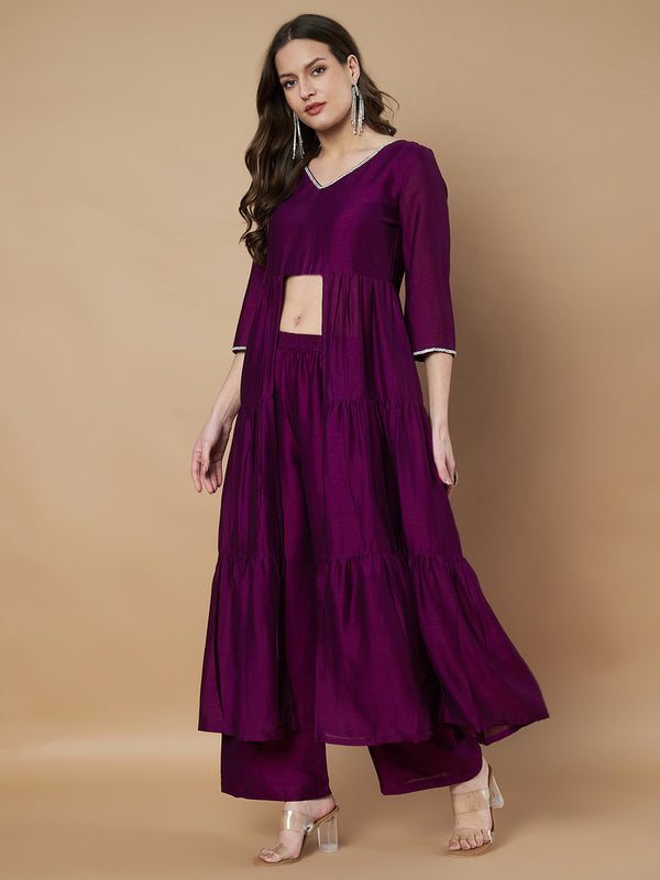 Poshak Hub Women Purple hand Embroidery Frontslit A-Line Kurta with Palazzo