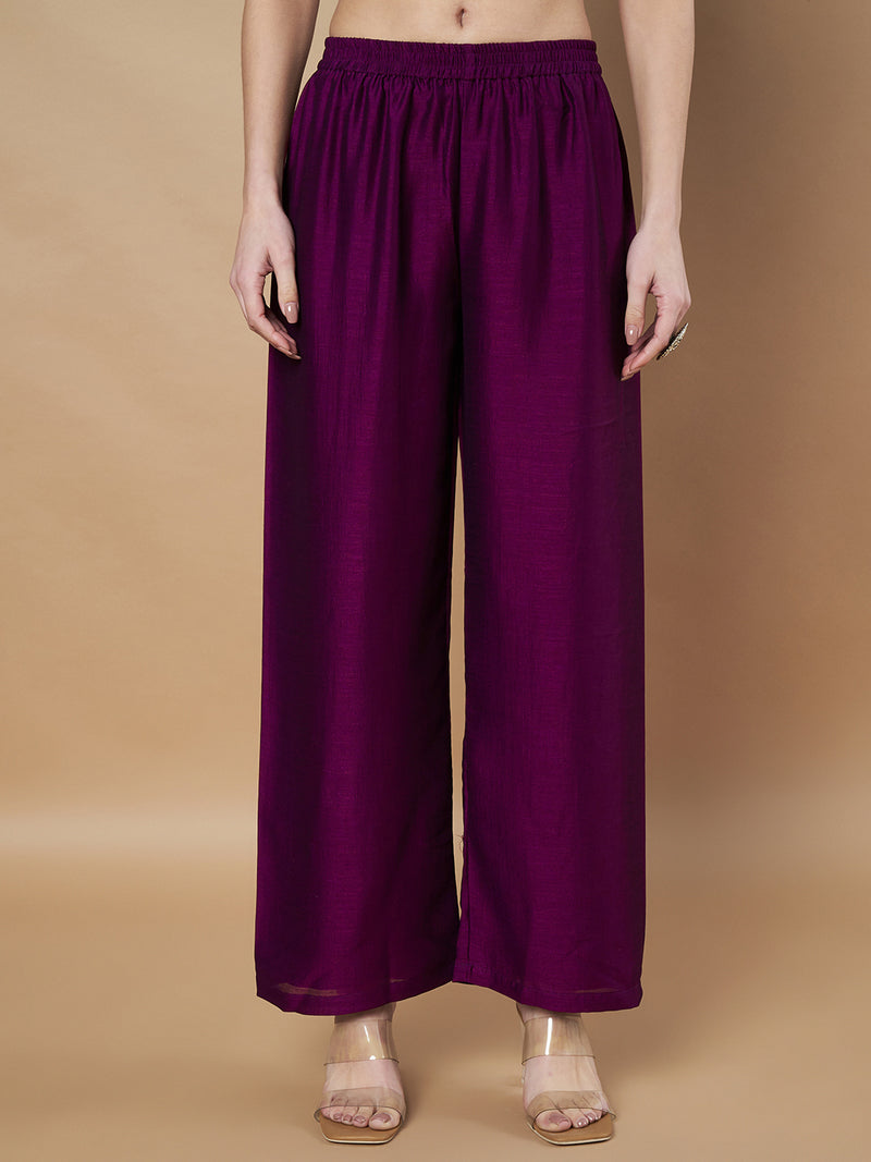 Poshak Hub Women Purple hand Embroidery Frontslit A-Line Kurta with Palazzo