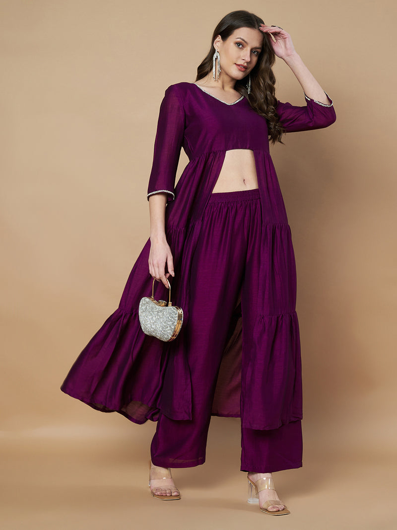 Poshak Hub Women Purple hand Embroidery Frontslit A-Line Kurta with Palazzo