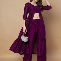 Poshak Hub Women Purple hand Embroidery Frontslit A-Line Kurta with Palazzo