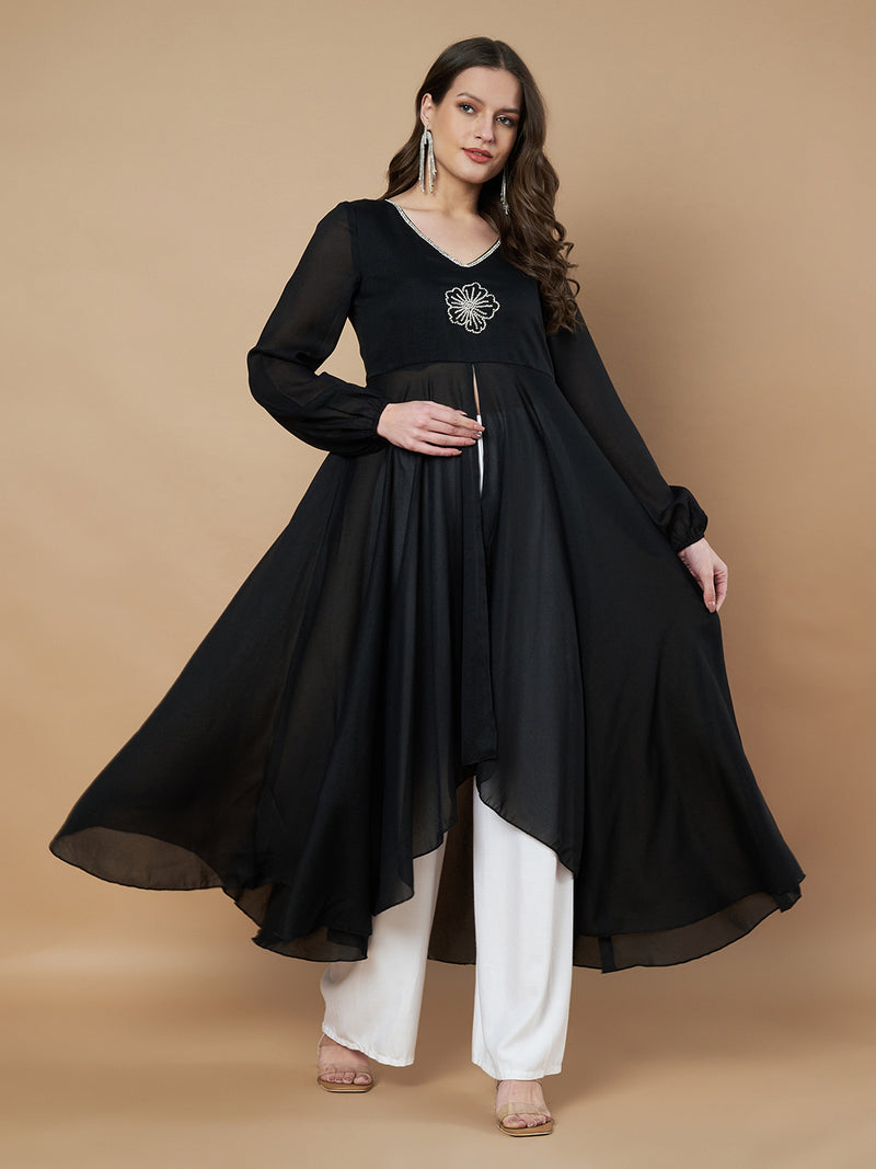 Poshak Hub Women Black Star Georgette Hand Embroidery Frontslit High Low Anarkali Kurta