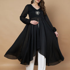 Poshak Hub Women Black Star Georgette Hand Embroidery Frontslit High Low Anarkali Kurta