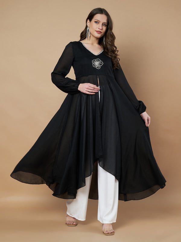 Poshak Hub Women Black Star Georgette Hand Embroidery Frontslit High Low Anarkali Kurta