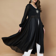 Poshak Hub Women Black Star Georgette Hand Embroidery Frontslit High Low Anarkali Kurta