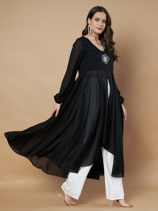 Poshak Hub Women Black Star Georgette Hand Embroidery Frontslit High Low Anarkali Kurta