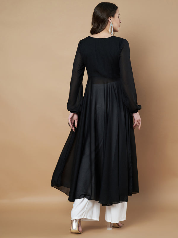 Poshak Hub Women Black Star Georgette Hand Embroidery Frontslit High Low Anarkali Kurta
