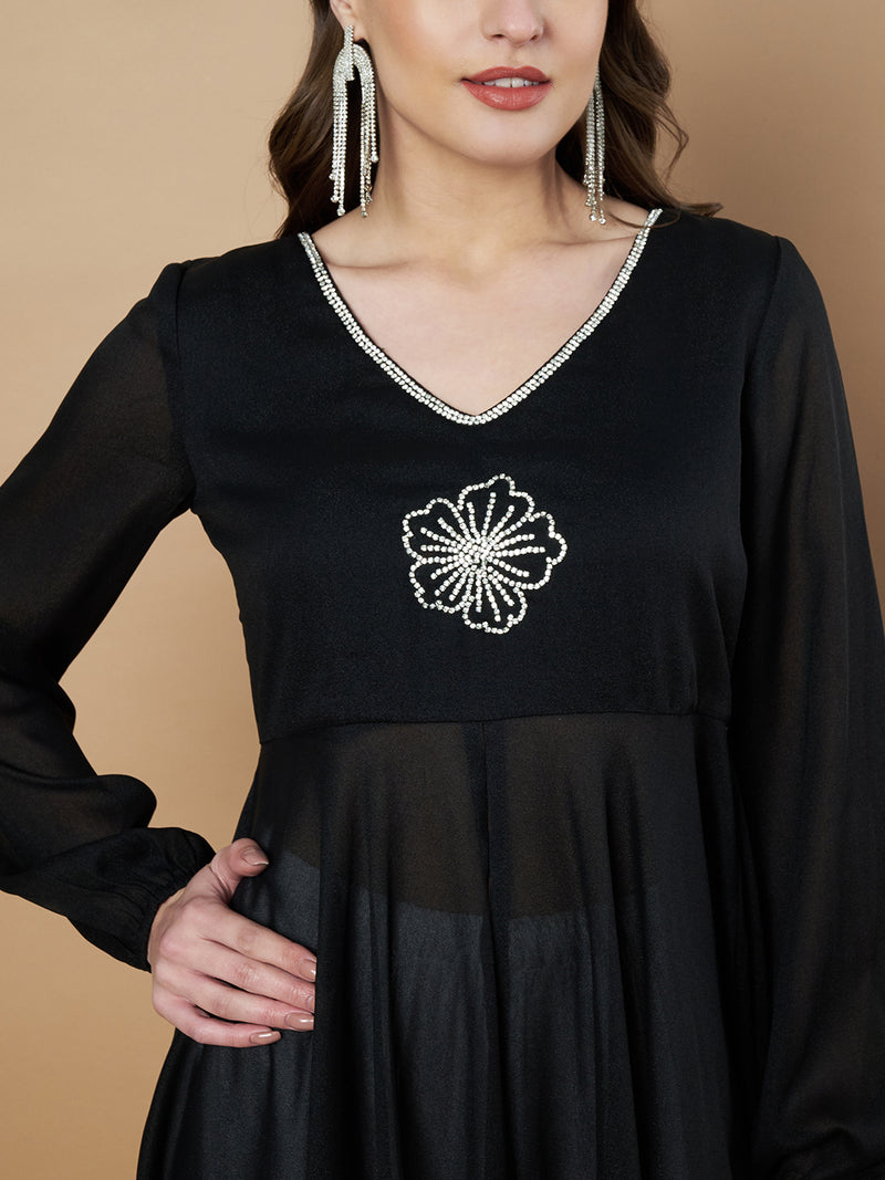 Poshak Hub Women Black Star Georgette Hand Embroidery Frontslit High Low Anarkali Kurta