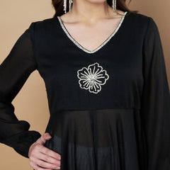Poshak Hub Women Black Star Georgette Hand Embroidery Frontslit High Low Anarkali Kurta