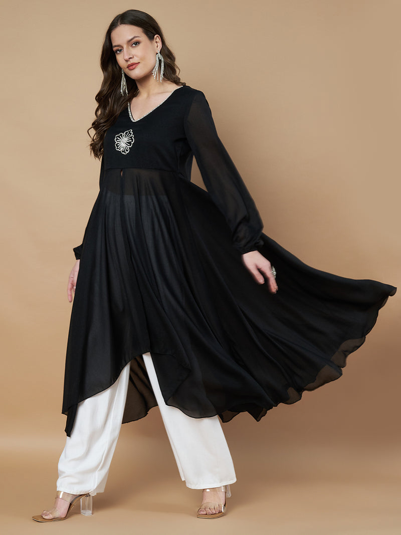 Poshak Hub Women Black Star Georgette Hand Embroidery Frontslit High Low Anarkali Kurta