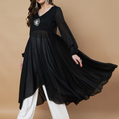 Poshak Hub Women Black Star Georgette Hand Embroidery Frontslit High Low Anarkali Kurta