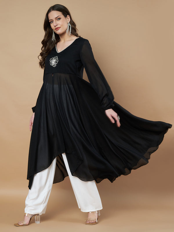 Poshak Hub Women Black Star Georgette Hand Embroidery Frontslit High Low Anarkali Kurta