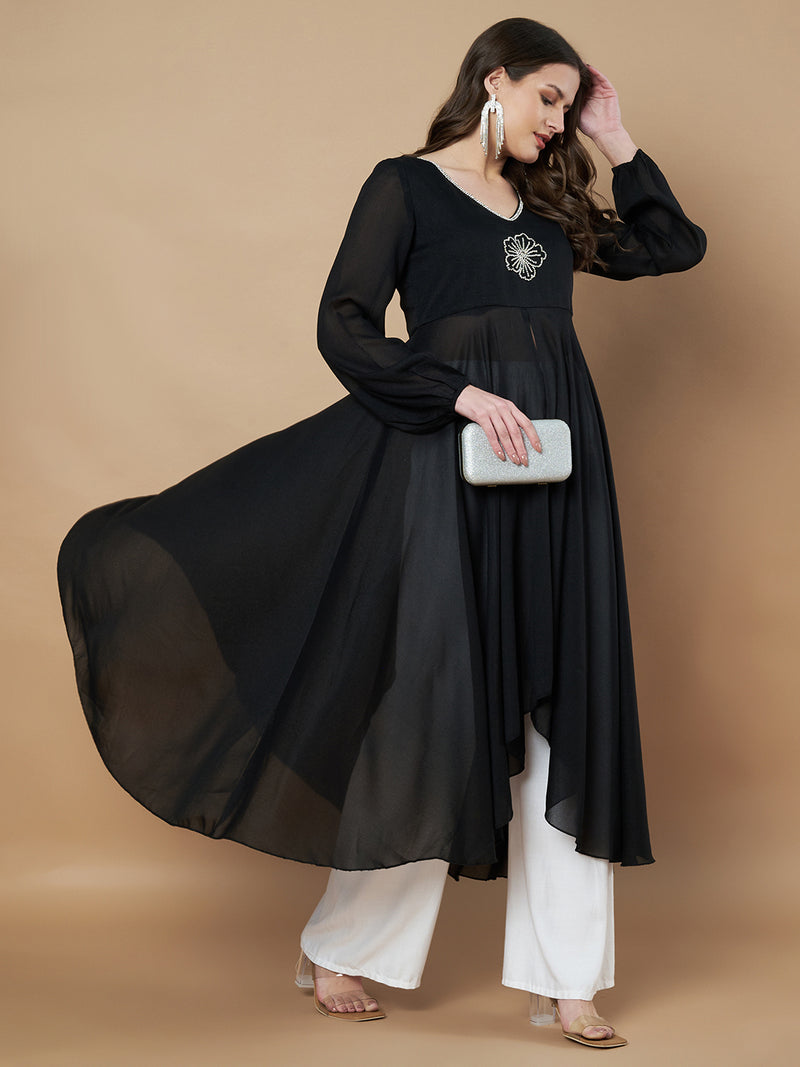 Poshak Hub Women Black Star Georgette Hand Embroidery Frontslit High Low Anarkali Kurta