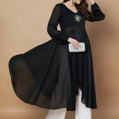Poshak Hub Women Black Star Georgette Hand Embroidery Frontslit High Low Anarkali Kurta