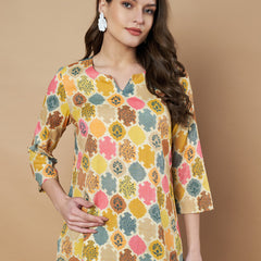Poshak Hub Yellow Floral Print V Neck Top