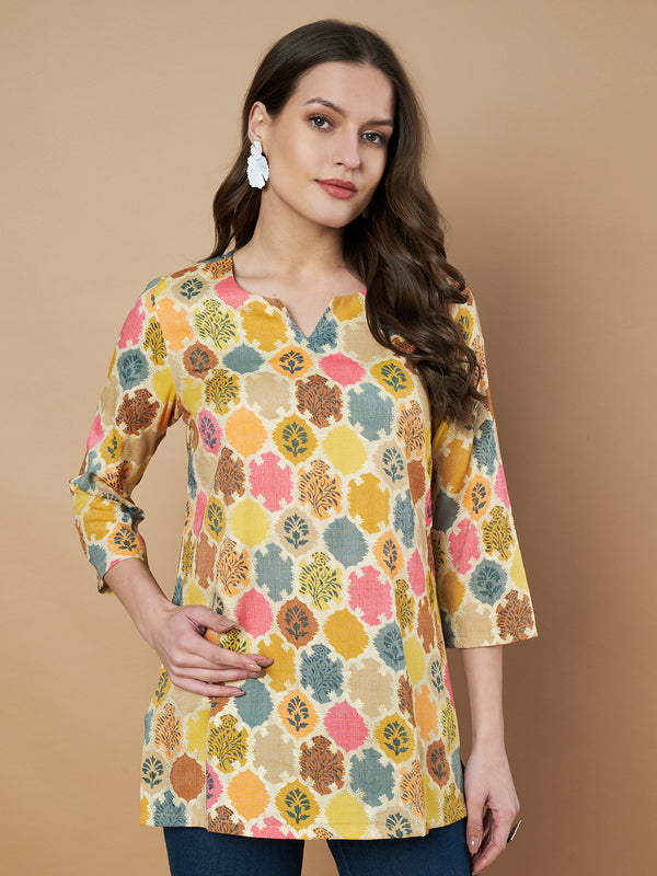 Poshak Hub Yellow Floral Print V Neck Top