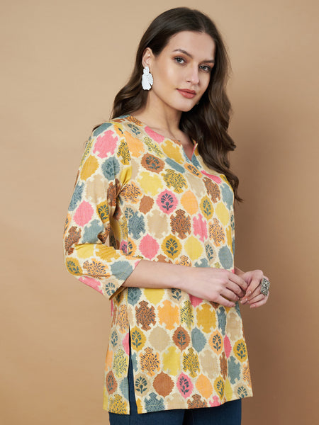 Poshak Hub Yellow Floral Print V Neck Top