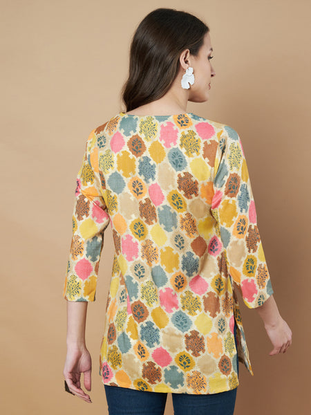 Poshak Hub Yellow Floral Print V Neck Top