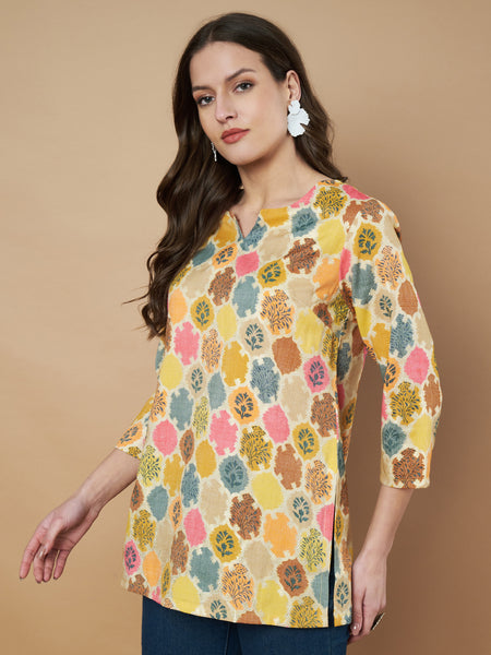 Poshak Hub Yellow Floral Print V Neck Top