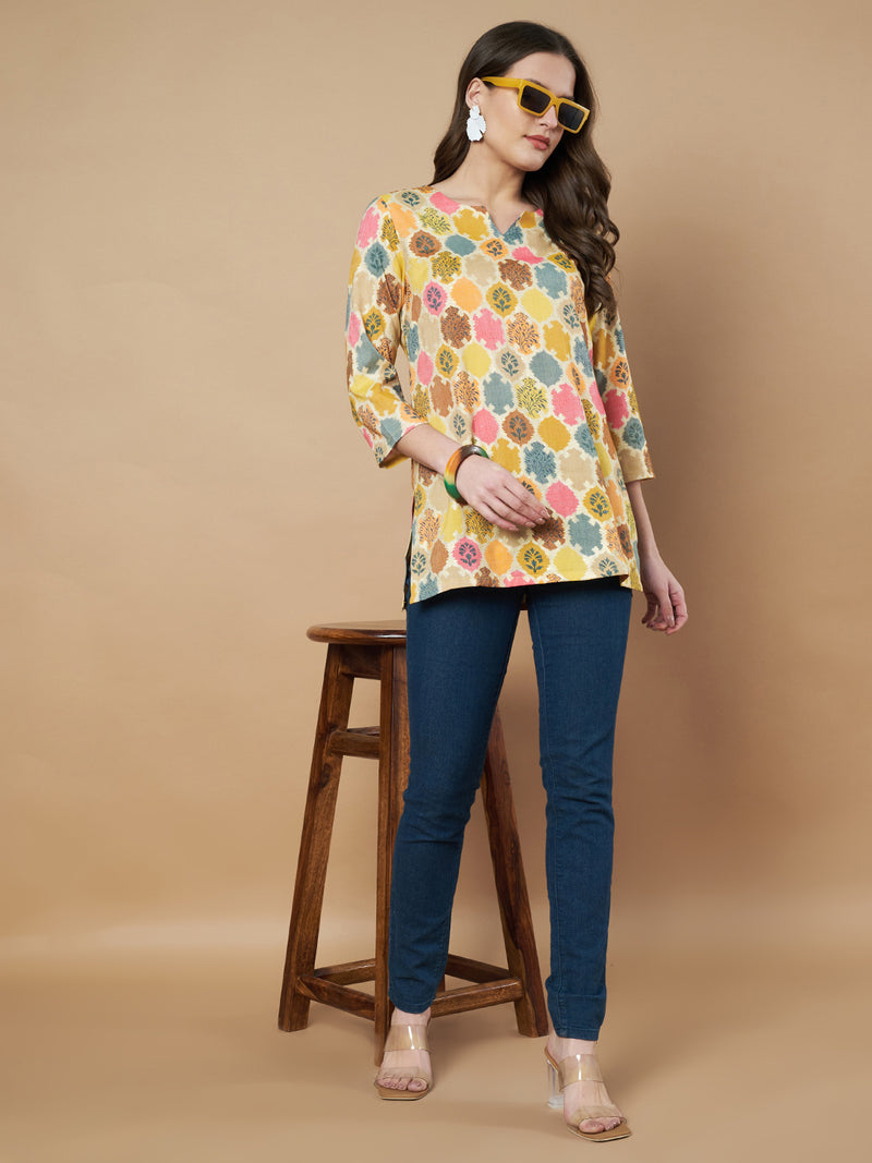 Poshak Hub Yellow Floral Print V Neck Top