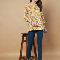 Poshak Hub Yellow Floral Print V Neck Top