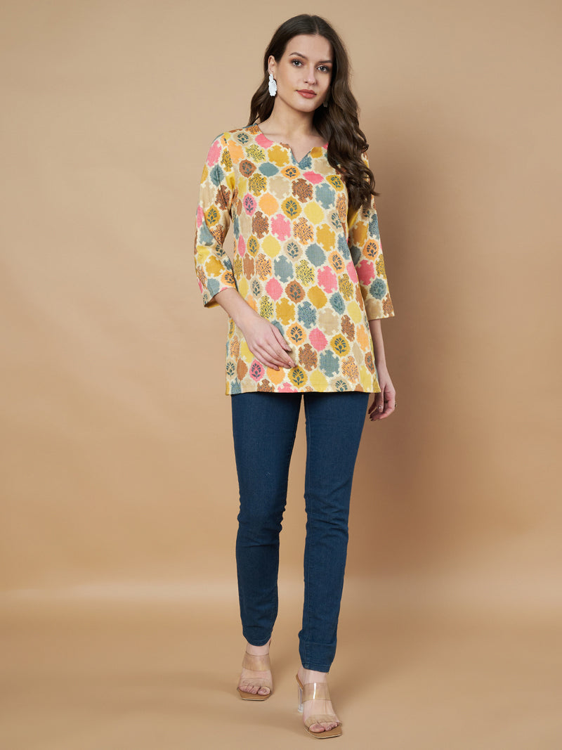Poshak Hub Yellow Floral Print V Neck Top