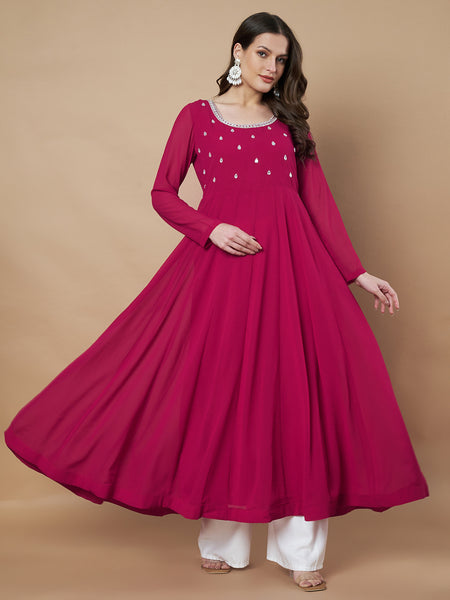 Poshak Hub Women Pink Georgette Hand Embroidery Anarkali Kurta
