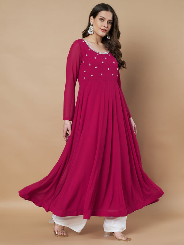 Poshak Hub Women Pink Georgette Hand Embroidery Anarkali Kurta
