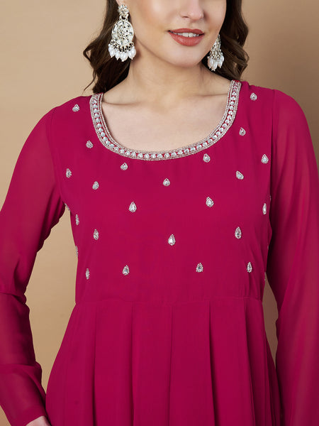 Poshak Hub Women Pink Georgette Hand Embroidery Anarkali Kurta