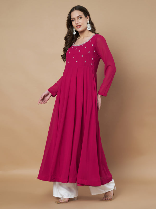 Poshak Hub Women Pink Georgette Hand Embroidery Anarkali Kurta