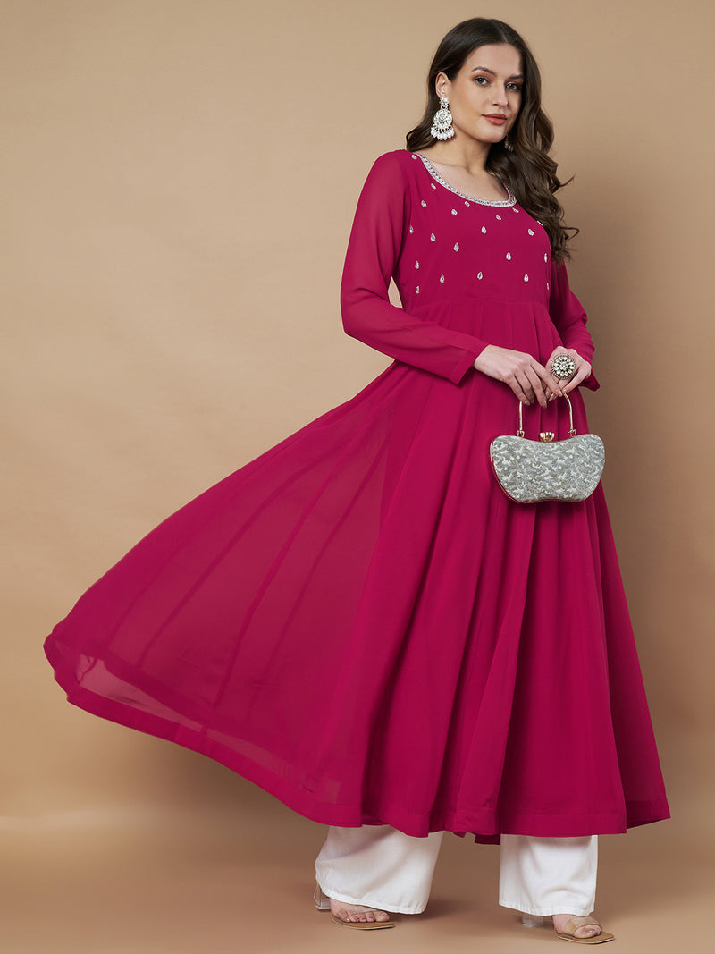 Poshak Hub Women Pink Georgette Hand Embroidery Anarkali Kurta