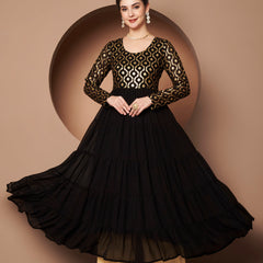 Poshak Hub Women Black Georgette Foil print Tiered Anarkali Kurta