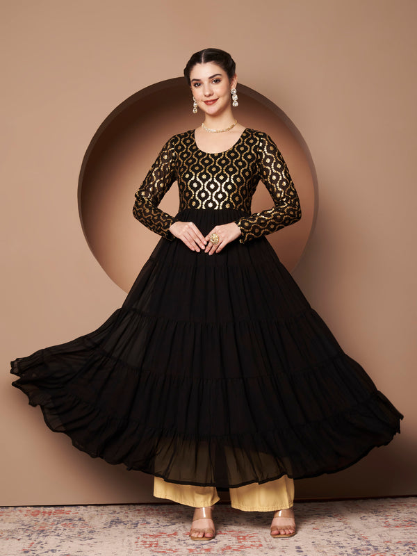 Poshak Hub Women Black Georgette Foil print Tiered Anarkali Kurta