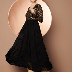 Poshak Hub Women Black Georgette Foil print Tiered Anarkali Kurta