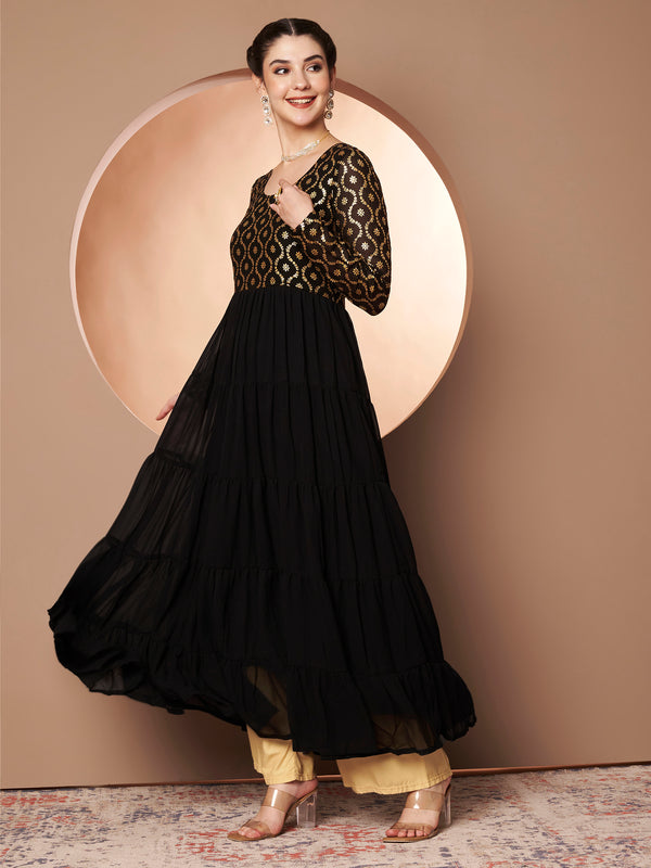 Poshak Hub Women Black Georgette Foil print Tiered Anarkali Kurta