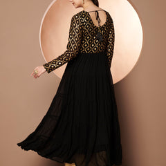 Poshak Hub Women Black Georgette Foil print Tiered Anarkali Kurta