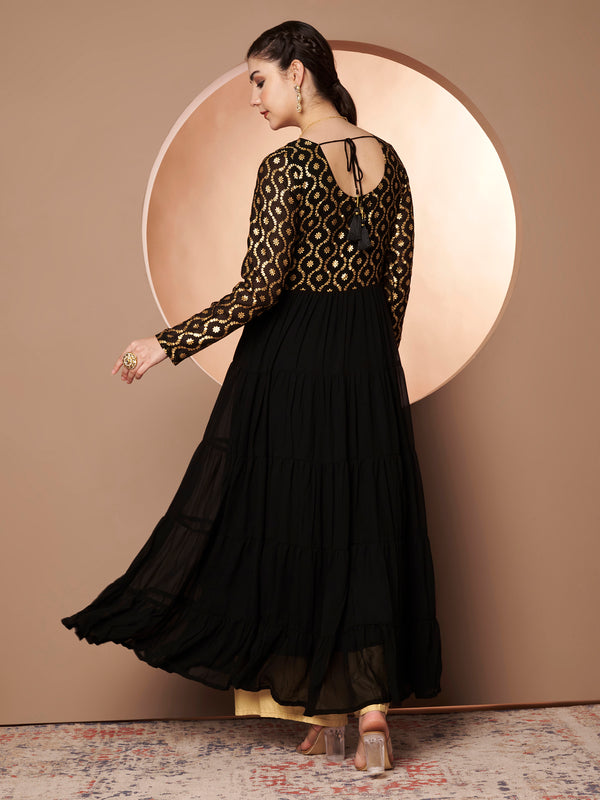 Poshak Hub Women Black Georgette Foil print Tiered Anarkali Kurta