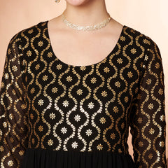 Poshak Hub Women Black Georgette Foil print Tiered Anarkali Kurta