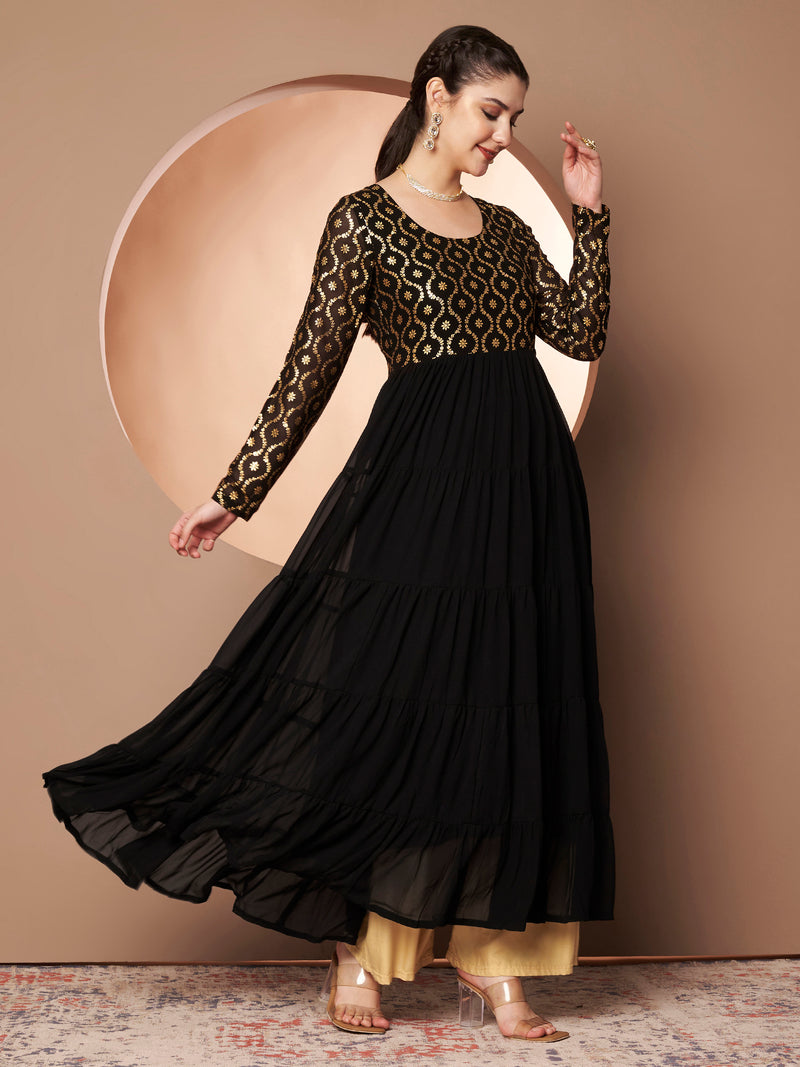 Poshak Hub Women Black Georgette Foil print Tiered Anarkali Kurta