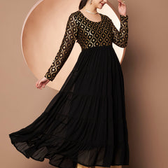 Poshak Hub Women Black Georgette Foil print Tiered Anarkali Kurta