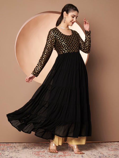 Poshak Hub Women Black Georgette Foil print Tiered Anarkali Kurta