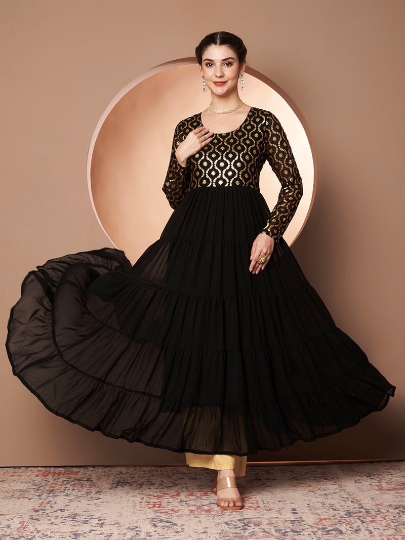 Poshak Hub Women Black Georgette Foil print Tiered Anarkali Kurta