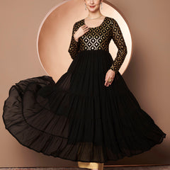 Poshak Hub Women Black Georgette Foil print Tiered Anarkali Kurta