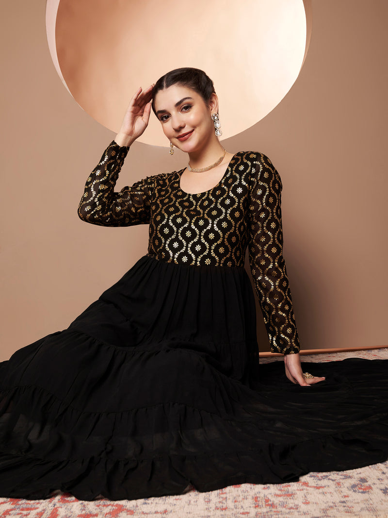 Poshak Hub Women Black Georgette Foil print Tiered Anarkali Kurta