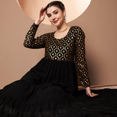 Poshak Hub Women Black Georgette Foil print Tiered Anarkali Kurta